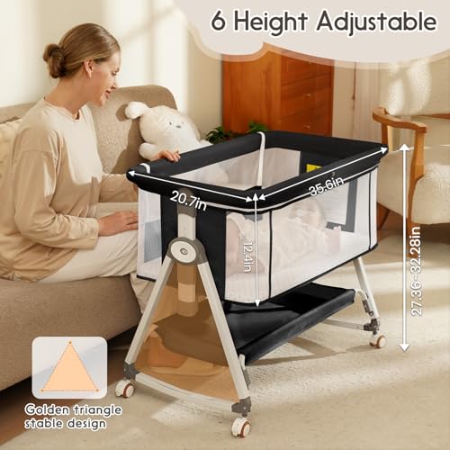 KOLOIO 3-in-1 Baby Bedside Bassinet with Storage Basket - Black