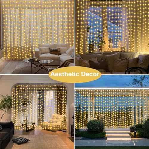 echosari Curtain Lights, 300 LED Fairy Curtain Lights with Remote Timer, USB Powered Copper Curtain String Lights 9.8Ft x 9.8Ft for Bedroom Window Christmas Wedding Decor (Warm White)