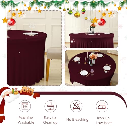 4 Pack Burgundy Round Tablecloth with Skirt, 60 Inch Elastic Fitted