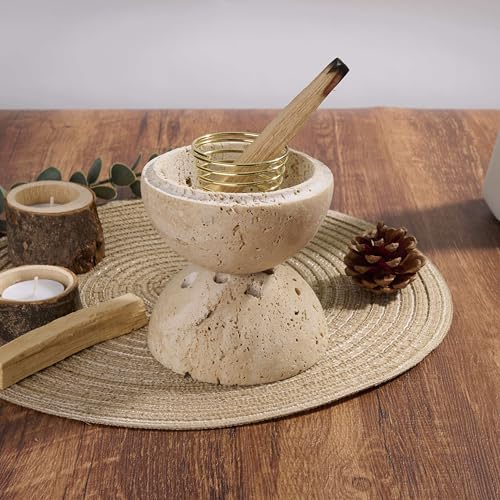 Natural Travertine Stone Incense Burner with Brass Insert - Light Beige Handmade Home Decor & Relaxation
