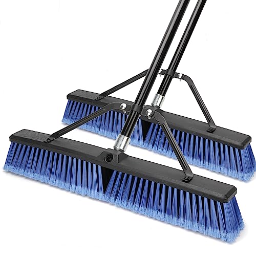 24-Inch Heavy Duty Outdoor Push Broom 2-Pack for Deck Garage Driveway Cleaning — Blue, Ergonomic Handle