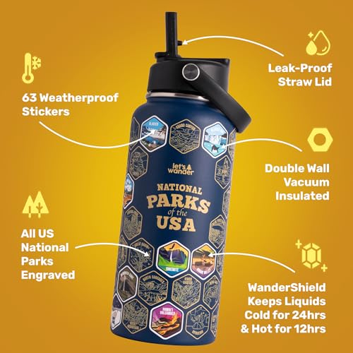 Let's Wander National Parks Water Bottle Bundle - Blue, 32oz with 63 Stickers & Dual Lids