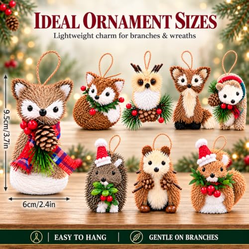 Woodland Animal Christmas Ornaments 8-Piece Set - Sisal Forest Critters for Tree and Wreath