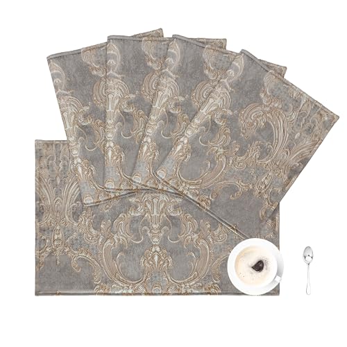 Loom and Mill Luxury Damask Placemats Set of 4 - Gray/Beige Pattern, Double Layer
