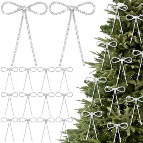 12 Silver Rhinestone Christmas Bow Ornaments - Elegant Holiday Decor