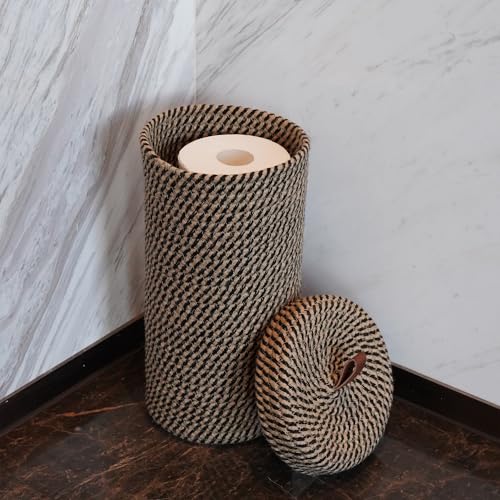 PINXIURY Black Handmade Cotton & Jute Toilet Paper Holder - Freestanding Basket, Fits 3 Mega Rolls, Bathroom Storage