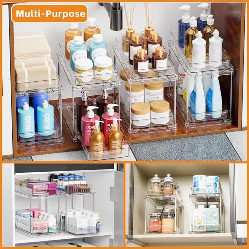 4 Pack Under Sink Organizers with Sliding Drawers - Clear Acrylic Bathroom & Cabinet Storage