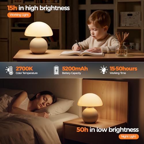 White Wireless Mushroom Table Lamp with 5200mAh Battery - Modern Touch Bedside Light