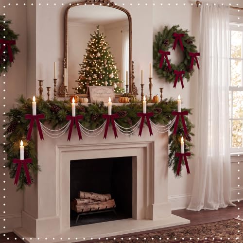 48PCS Christmas Pearl Garland & Velvet Bow Decor Set with Flameless Candles