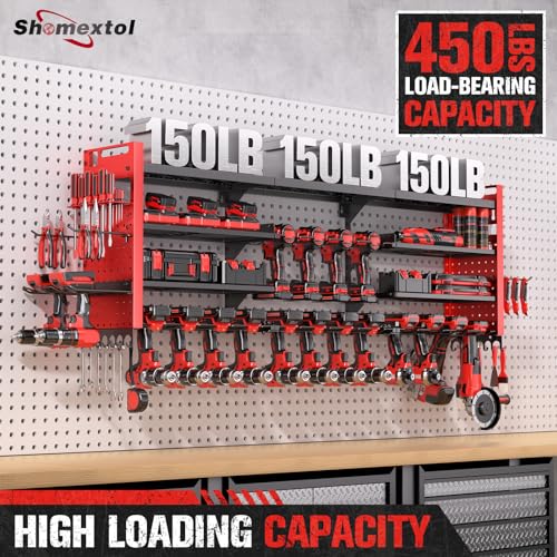 Red 49.8-inch Power Tool Organizer Wall Mount for 18 Cordless Drills - 4 Layers
