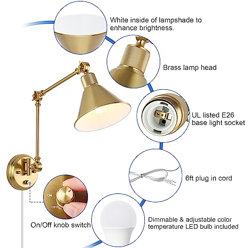 Gold Wall Sconce with Remote Control, Dimmable & Adjustable Color Temperature 2700K-6000K, Swing Arm Plug-In Light - 2 Pack