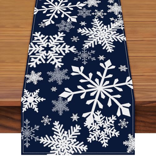 72 x 13 Inch Christmas Table Runner, Navy Blue with White Snowflake