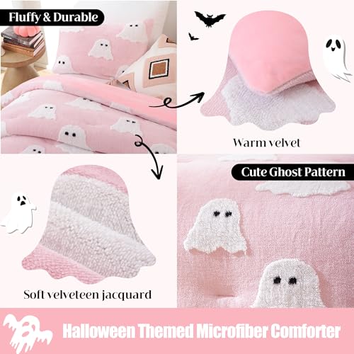 Smoofy Pink Ghost Halloween Comforter Set, Fleece Queen Bedding