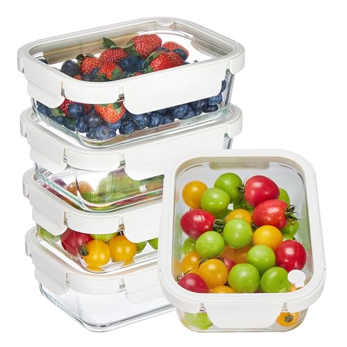 Glass Food Storage Containers with Glass Lids & Air Vent - 5 Pack, 35oz, White