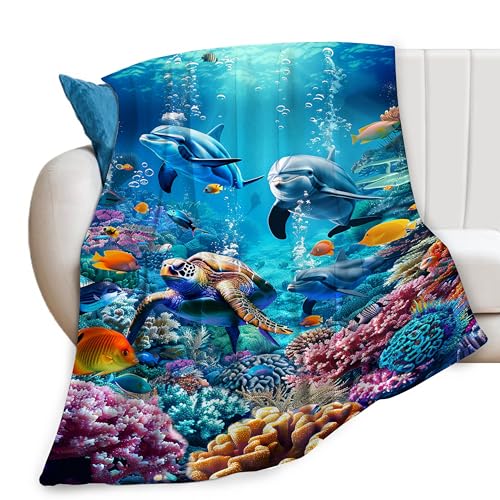 Ocean 50x60 Ocean Sea Turtle Dolphin Throw Blanket - Soft Fleece Plush for Couch Sofa Bed
