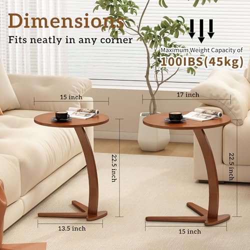 17-Inch Natural Wood C-Shaped Couch End Table - Slide Under Sofa, Rustic Finish
