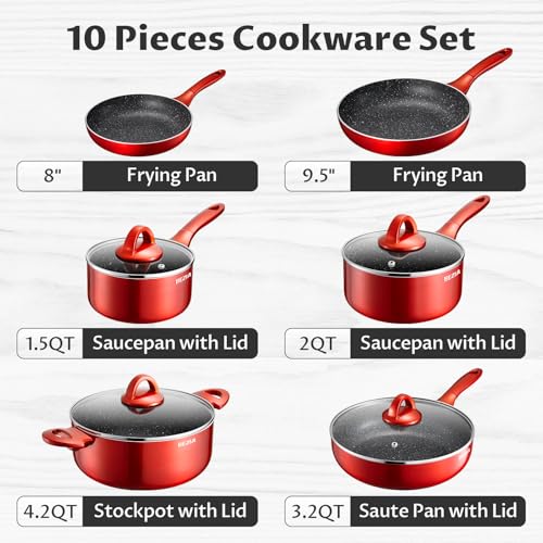 BEZIA 10-Piece Non-Stick Cookware Set - Red, Induction Compatible