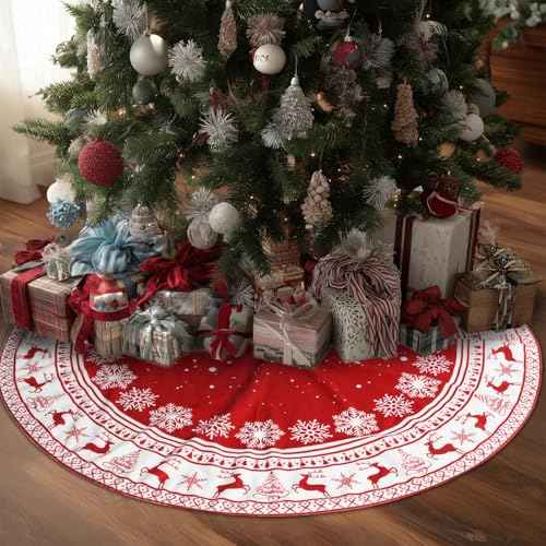 Christmas Tree Skirt Large Xmas Tree Skirts with Snowflake and Reindeer Pattern Decorations for Winter Christmas Holiday Party Decor Indoor 36 Inches