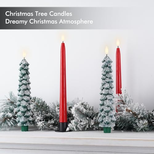 Fanna Green Snow Covered Christmas Tree LED Candles, Flameless Taper with Remote & Timer - Set of 2