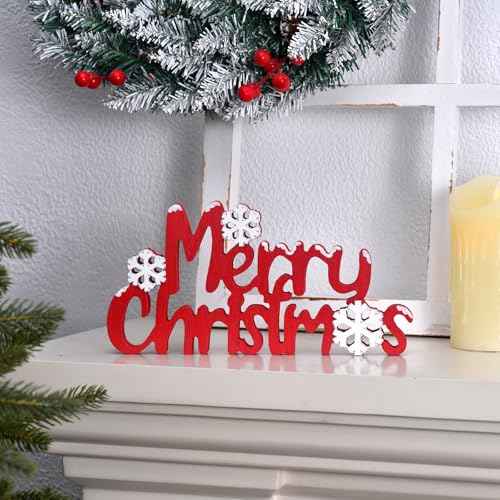 Merry Christmas Sign Wooden Tabletop Decoration, Freestanding Christmas Shelf Decor with 3D Snowflake, Red and White Xmas Decorations for Home, Mantle, Tiered Tray (Red)