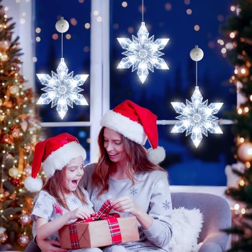 3Pack Christmas Window Lights Decorations with Timer,Battery Powered Christmas Hanging White Lighted Snowflake Shaped LED Sucker for 2026 Xmas Tree Fireplace Indoor Decor