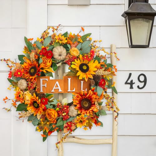 Fall Sign Wreath - 24 Inch Autumn Front Door Decor with Fall Elements & Harvest Sign