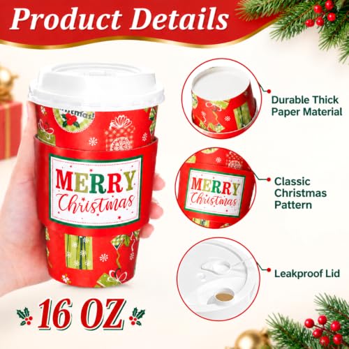 Jingmore 48 Pack Christmas Coffee Cups with Lids & Sleeves, 16oz - Holiday Designs