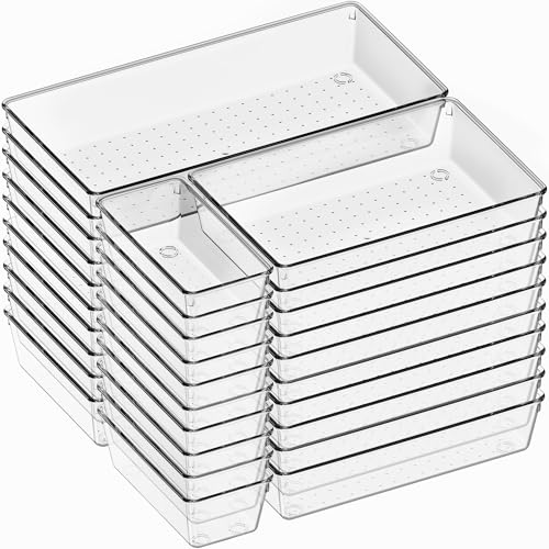 30 Pack Clear Plastic Drawer Organizer Bins - Large Multi-Size Storage Dividers