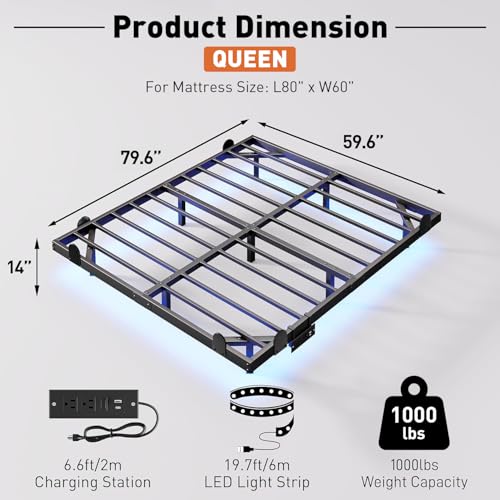 Floating Queen Bed Frame with LED RGB Lights & Charging Station - 14 Inch Modern Design