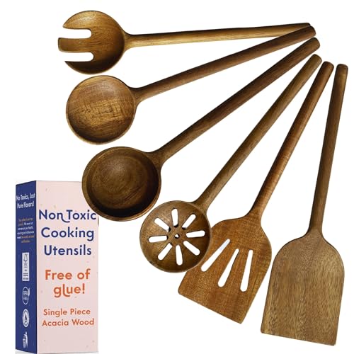 Ziruma 6-Piece Non-Toxic Acacia Wooden Utensils Set - Solid, Glue & Mineral Oil Free