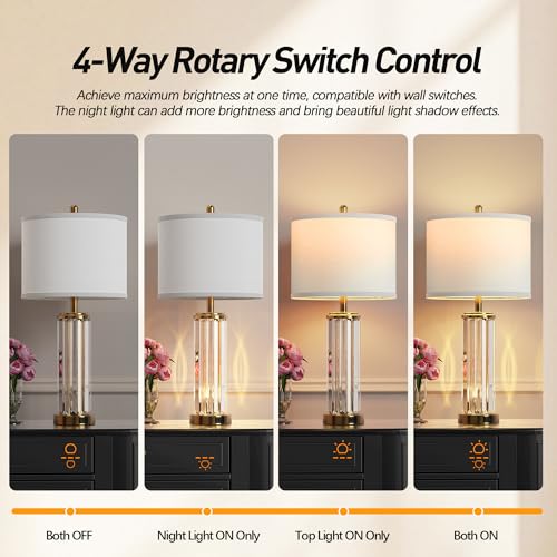 Set of 2 Gold & Clear Modern Table Lamps with Nightlight & USB Charging Ports