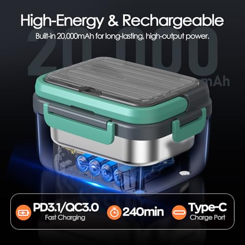Cordless Electric Lunch Box 6.3 Cups Self-Heating with 20000mAh Battery - Grey & Lake Green / 1Pack