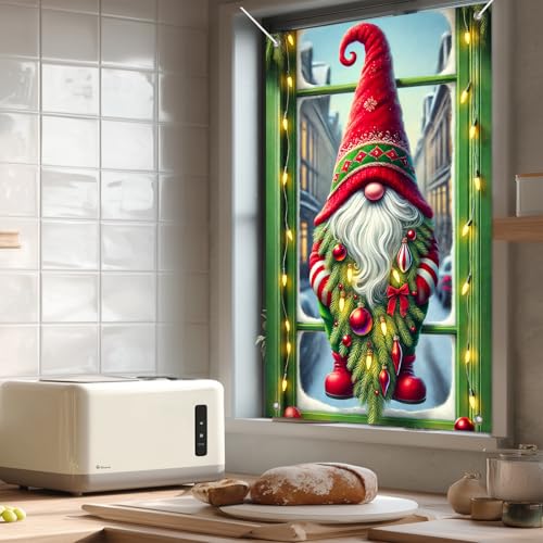 IVN Christmas Gnome Window Banner 31x47 Inch - Santa Hat, Pine Branch Holiday Decor
