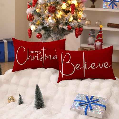 Christmas Throw Pillow Covers 12x20 Inch Merry Christmas Farmhouse Decorations Believe Holiday Decor Throw Cushion Case for Home Couch