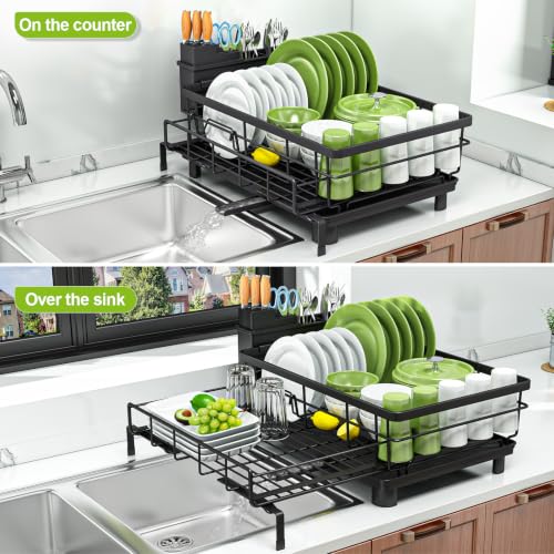 Extendable Dish Drying Rack - Large Capacity Kitchen Organizer, Black