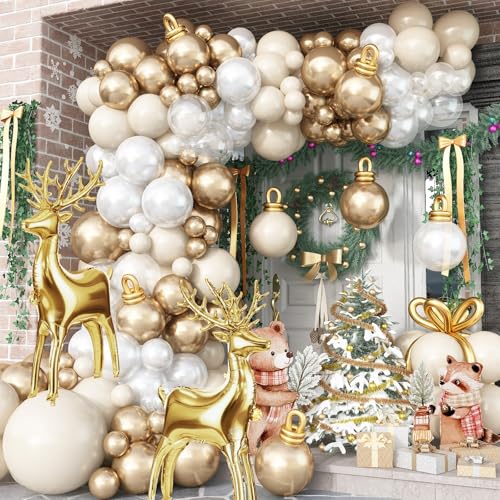Christmas Balloon Arch Garland Kit, Pearl White Sand Metallic Gold