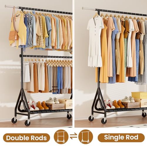 Heavy Duty Clothes Rack with Double Rods & Lockable Wheels - Black, 78-Inch