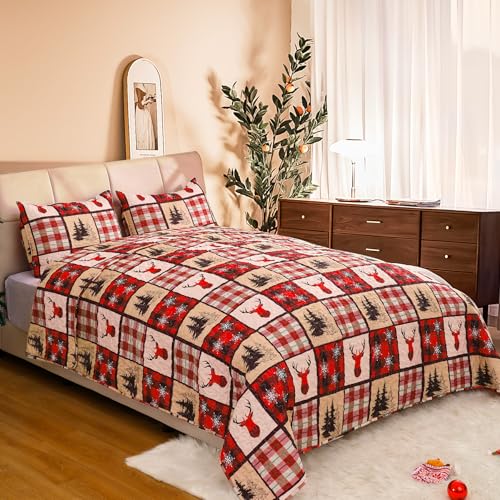 Elk King Christmas Quilt Set by ROMROL - Red Plaid with Reindeer, 96x106" Bed Quilt + 2 Pillowcases