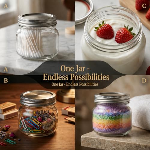 Peokuaey 8oz Mason Jars with Airtight Silver Lids - 30 Pack Small Glass Jars Set with Labels, Twine & Mesh Bags - Wide Mouth Canning Jars for Favors & Crafts