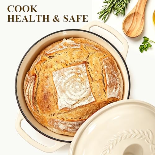 Wildone 6QT Enamel Cast Iron Dutch Oven with Lid - Cream White, Oven Safe 500°F