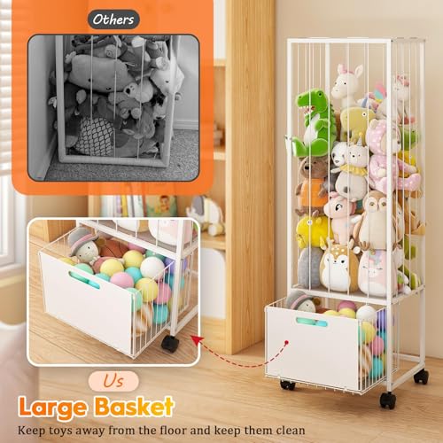 BUKFEN Metal Stuffed Animal Storage Zoo Organizer with Wheels, Large Plush Toy Holder