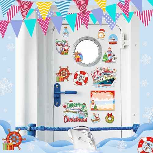 Christmas Cruise Door Magnets - 16 Pcs Cute Merry Xmas Ship Cabin Decorations Magnetic Stickers Anchor Stateroom Snowman Santa Decal Decor with Pens for Whiteboard Fridge Party Car Gifts