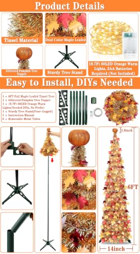 6FT Fall Tinsel Maples Tree with Lights - Battery Operated Fall Decor