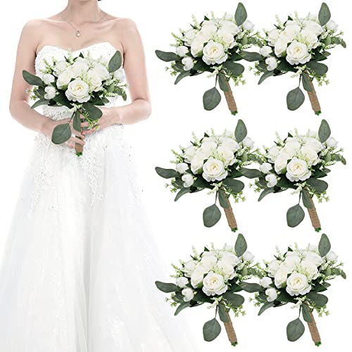 Set of 6 Ivory Bridesmaid Bouquets for Wedding - 7 Inch Artificial Flower Arrangements with Eucalyptus - White/Set of 6 (Variation)