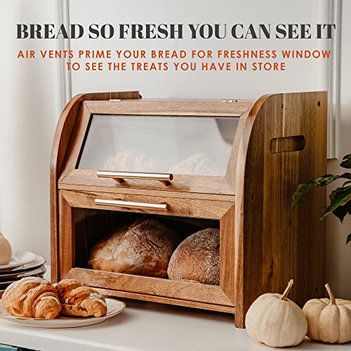 Acacia Wooden Bread Box for Kitchen Countertop - Extra Large 2-Shelf - Umber Finish