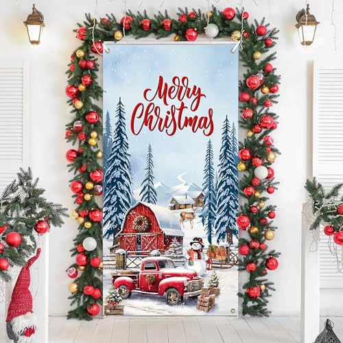 Fayoo White Snowmen Christmas Door Banner 35x70 inches with Rope - Holiday Decor