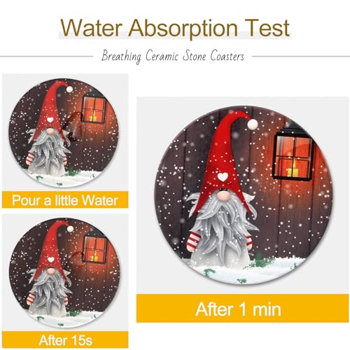 Christmas Gnome Ceramic Coasters Set with Holder - Absorbent Holiday Drink Mats - Gnome 01