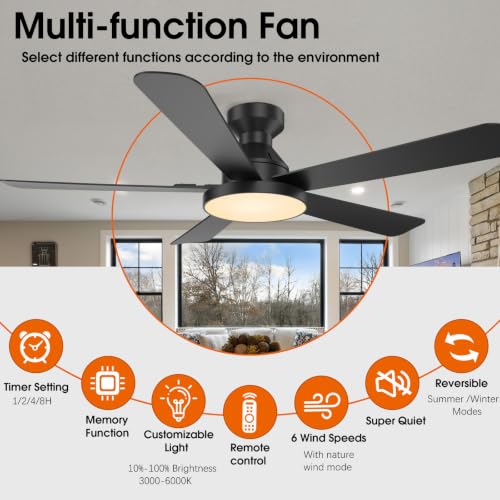 52-Inch Black Ceiling Fan with Lights, Reversible Motor & Remote Control - Low Profile Flush Mount