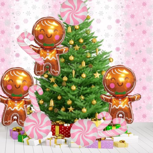Pink 32in Gingerbread & Candy Cane Foil Balloons Party Decorations (Set of 9) - Wclliuchi