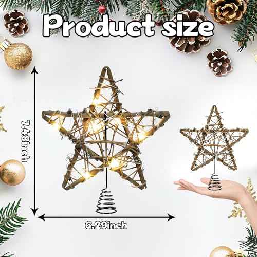 Christmas Tree Topper Rustic Christmas Tree Topper Star 6 Inch, Battery Operated Lighted Rattan Star Warm White Light Christmas Tree Decoration for Small Tabletop Christmas Trees